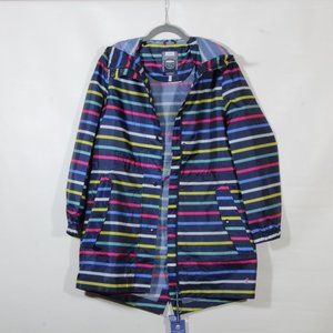 Joules Right As Rain Golightly Navy Blue Multi Stripe Rain Coat Size 6